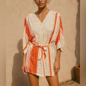 Ace Jig‎ Belted Tunic Dress Women's Small Cream Stripe Gauze V Neck Kimono